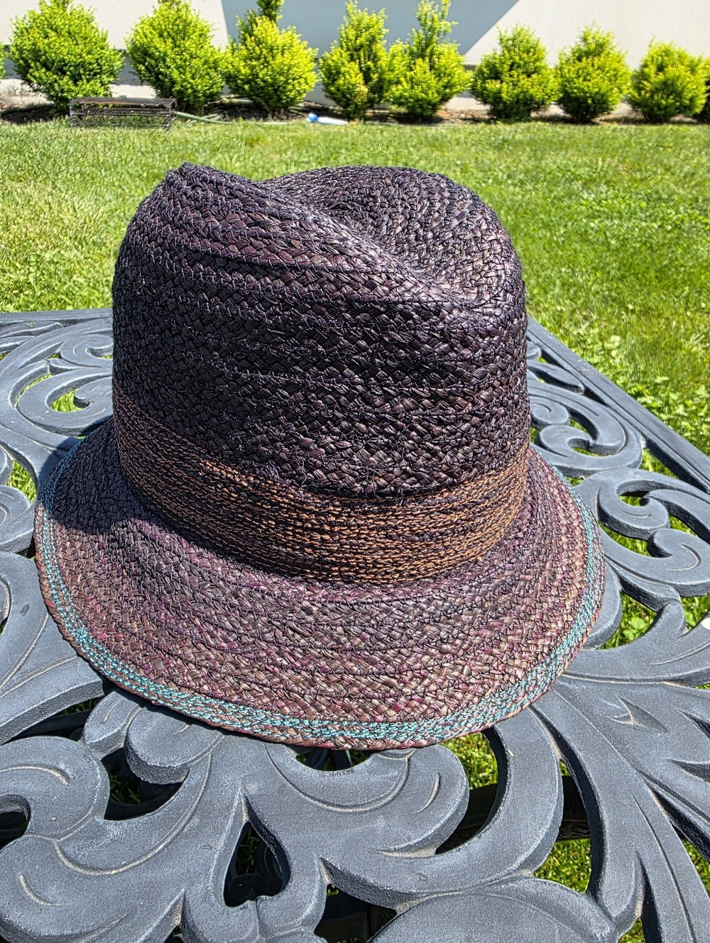 Lola Hats Woven Straw Fedora Hat in Dark Brown with Teal Trim Nwt